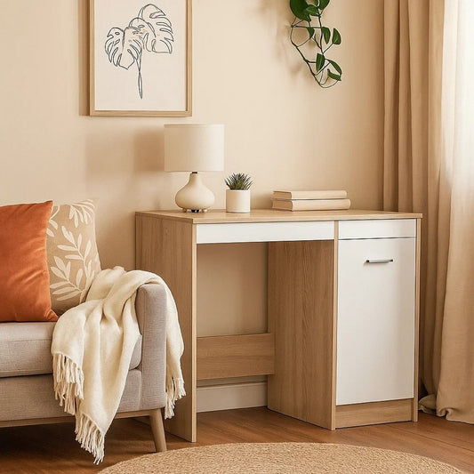 Ami Office Desk with Cabinet | White and Oak Beige Wood | Chrome Handle