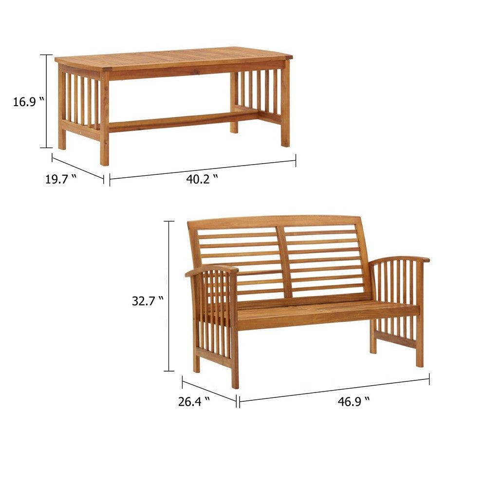 Kim 2pc Garden Lounge Set w Bench and Coffee Table | Slatted Brown Wood BM339754