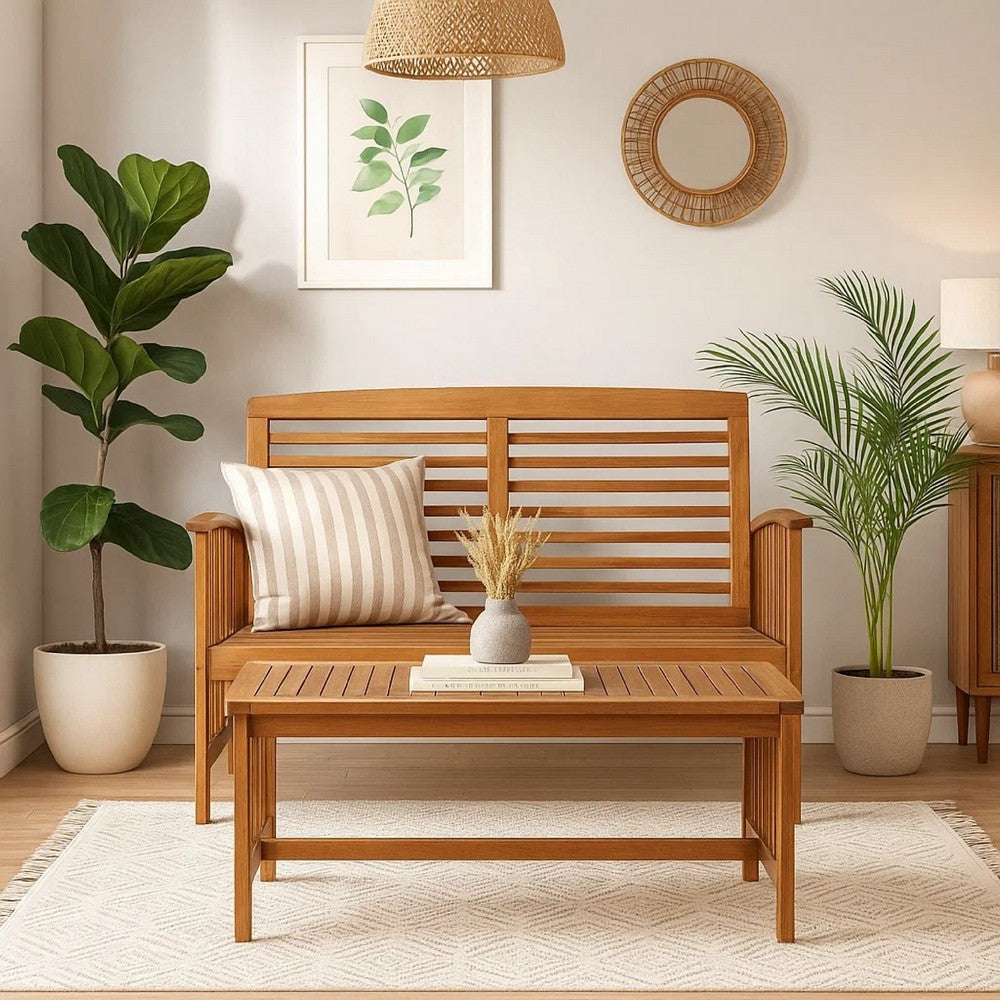 Kim 2pc Garden Lounge Set w Bench and Coffee Table | Slatted Brown Wood