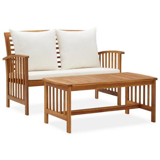 Kim 2pc Garden Lounge Set w Bench and Table | Cream Cushions | Brown Wood
