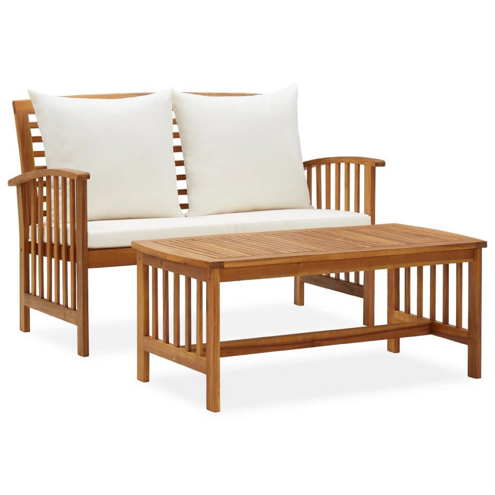 Kim 2pc Garden Lounge Set w Bench and Table | Cream Cushions | Brown Wood