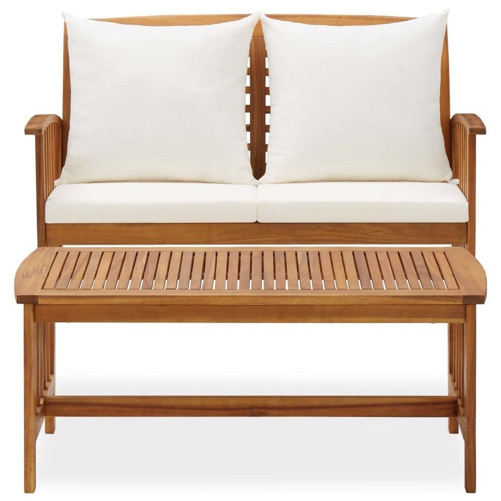 Kim 2pc Garden Lounge Set w Bench and Table | Cream Cushions | Brown Wood BM339755