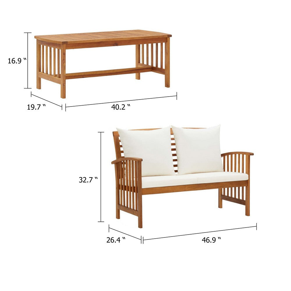 Kim 2pc Garden Lounge Set w Bench and Table | Cream Cushions | Brown Wood BM339755