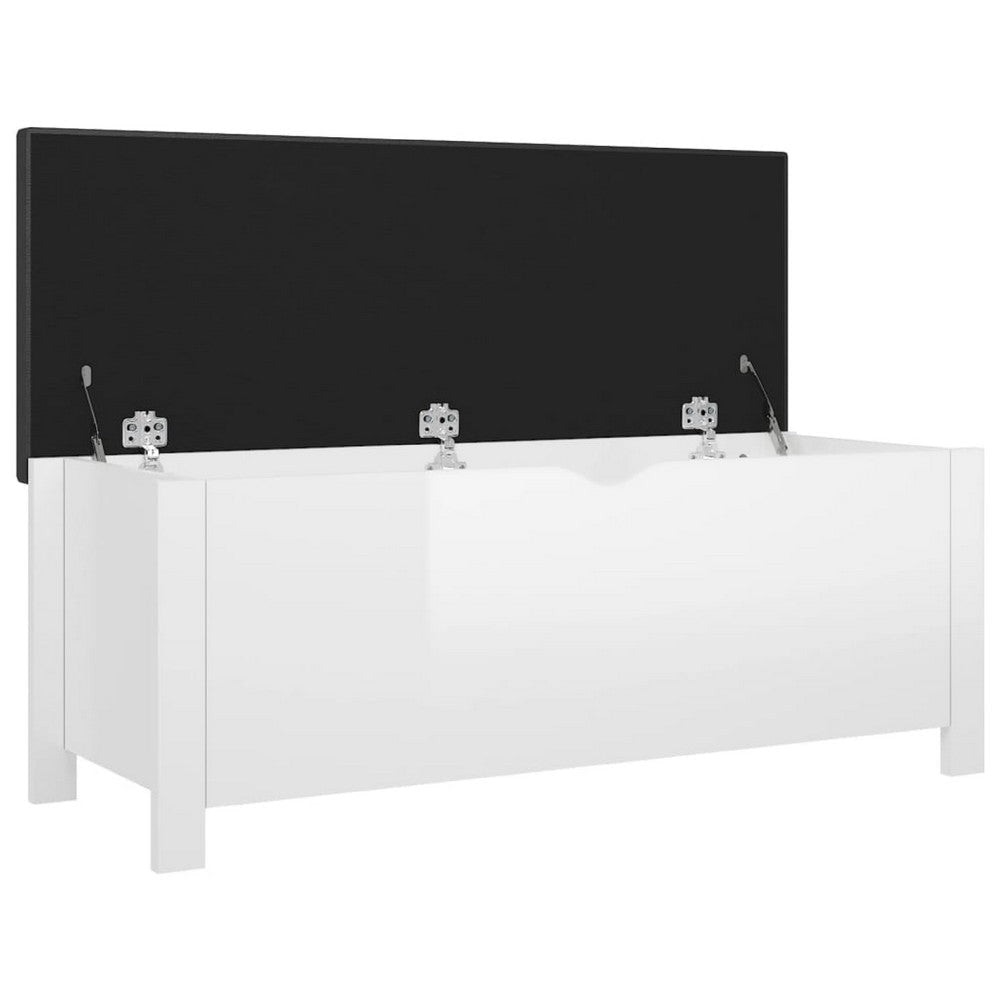 Storage Box Bench w Seat Cushion | White Wood | 41’’ Black Faux Leather BM339756