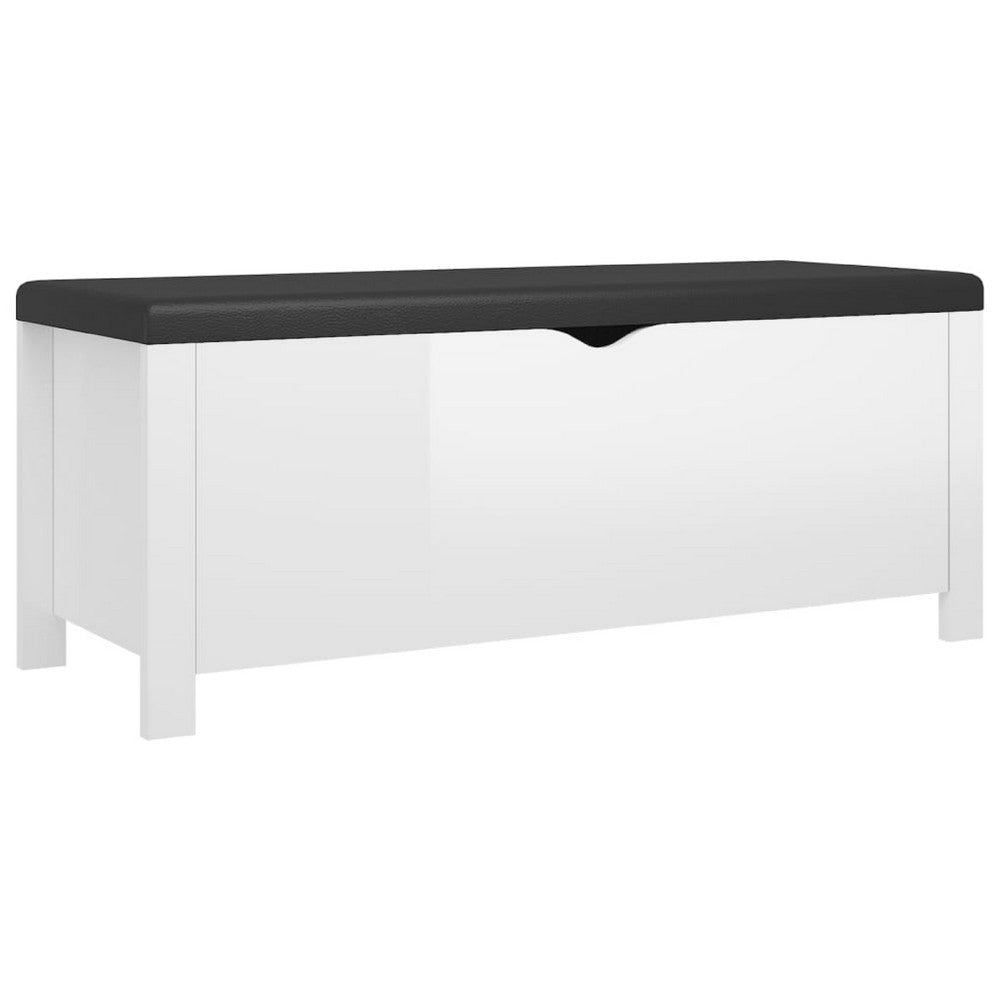 Storage Box Bench w Seat Cushion | White Wood | 41" Black Faux Leather