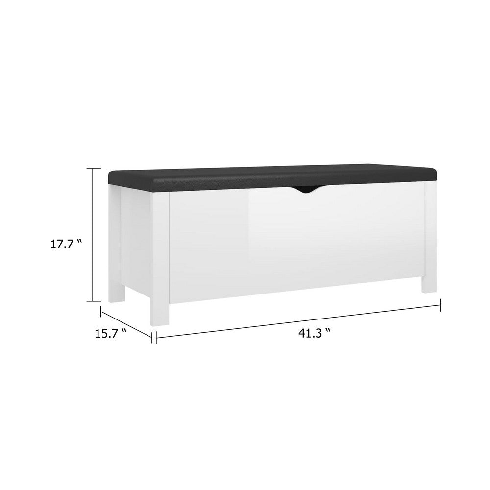 Storage Box Bench w Seat Cushion | White Wood | 41’’ Black Faux Leather BM339756