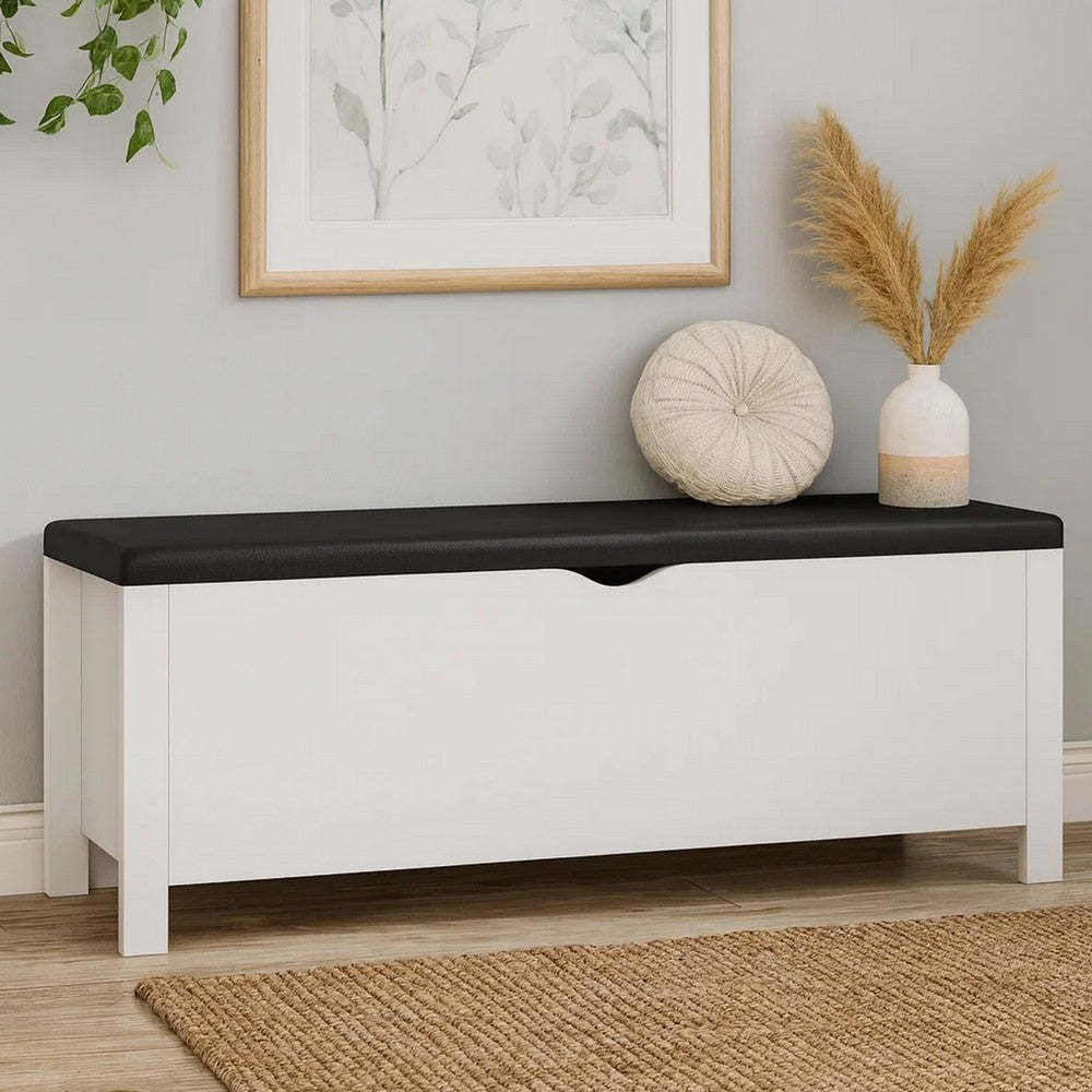 Storage Box Bench w Seat Cushion | White Wood | 41’’ Black Faux Leather BM339756