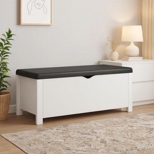 Storage Box Bench w Seat Cushion | White Wood | 41’’ Black Faux Leather BM339756