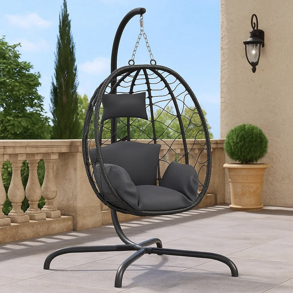 Outdoor Hanging Egg Chair Swing| Gray Cushions | Black Poly Rattan BM339759