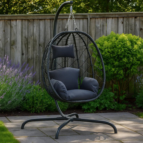 Outdoor Hanging Egg Chair Swing| Gray Cushions | Black Poly Rattan BM339759