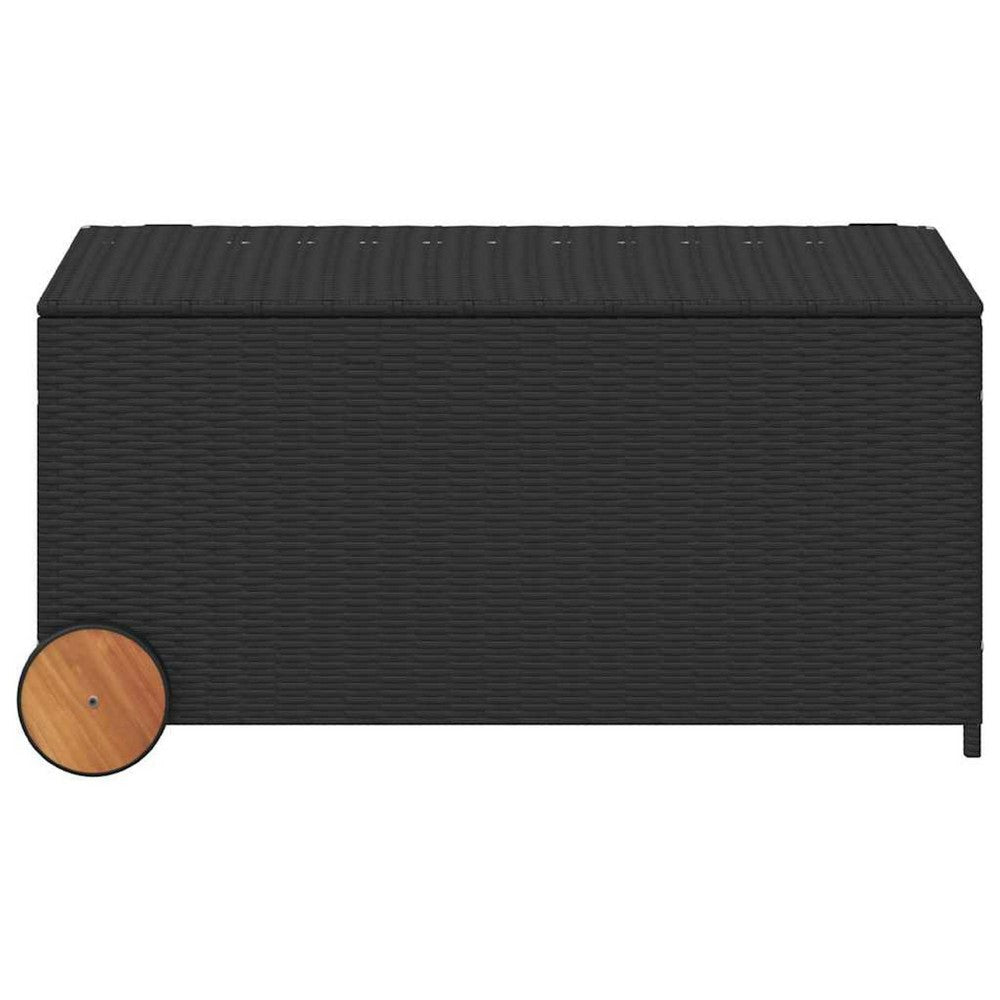 Saki Outdoor Storage Box | Rectangular Black Poly Rattan | Wood Wheels BM339760