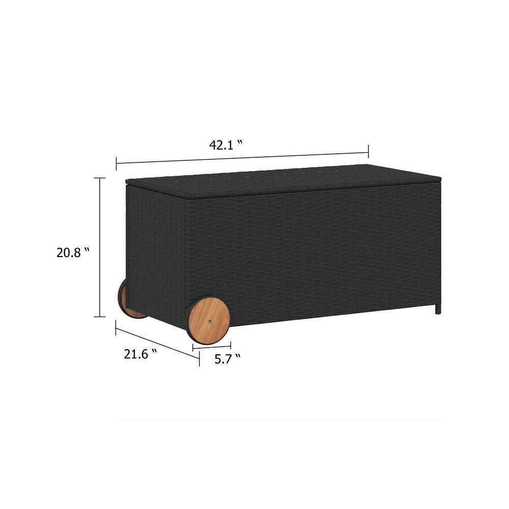 Saki Outdoor Storage Box | Rectangular Black Poly Rattan | Wood Wheels BM339760