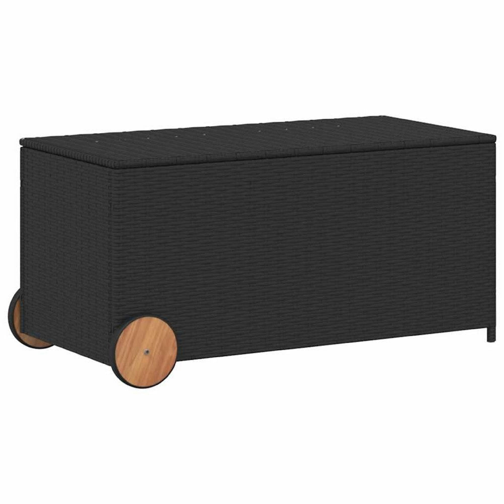 Saki Outdoor Storage Box | Rectangular Black Poly Rattan | Wood Wheels
