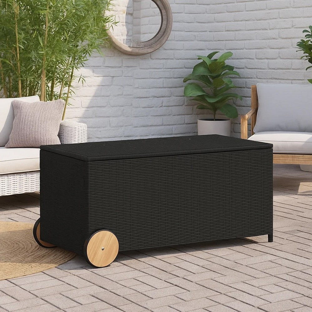 Saki Outdoor Storage Box | Rectangular Black Poly Rattan | Wood Wheels BM339760