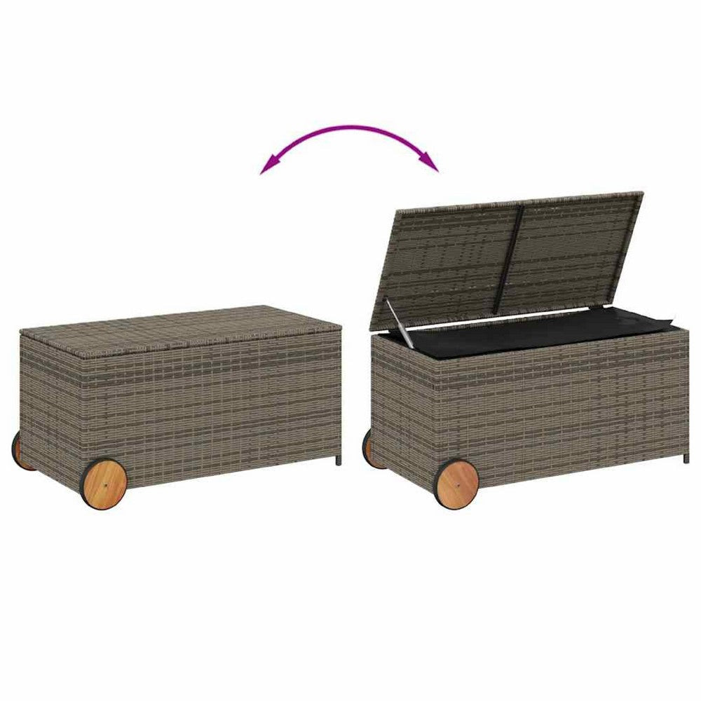 Saki Outdoor Storage Box | Rectangular Gray Poly Rattan | Wood Wheels BM339761