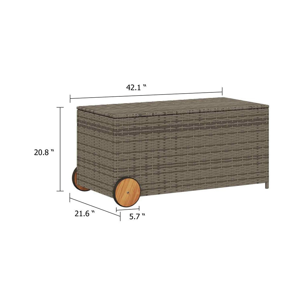 Saki Outdoor Storage Box | Rectangular Gray Poly Rattan | Wood Wheels BM339761