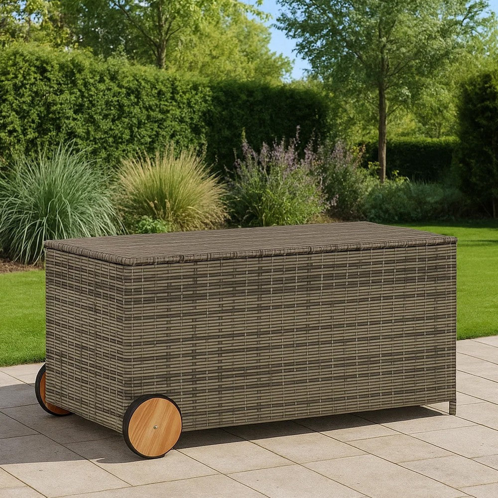 Saki Outdoor Storage Box | Rectangular Gray Poly Rattan | Wood Wheels BM339761