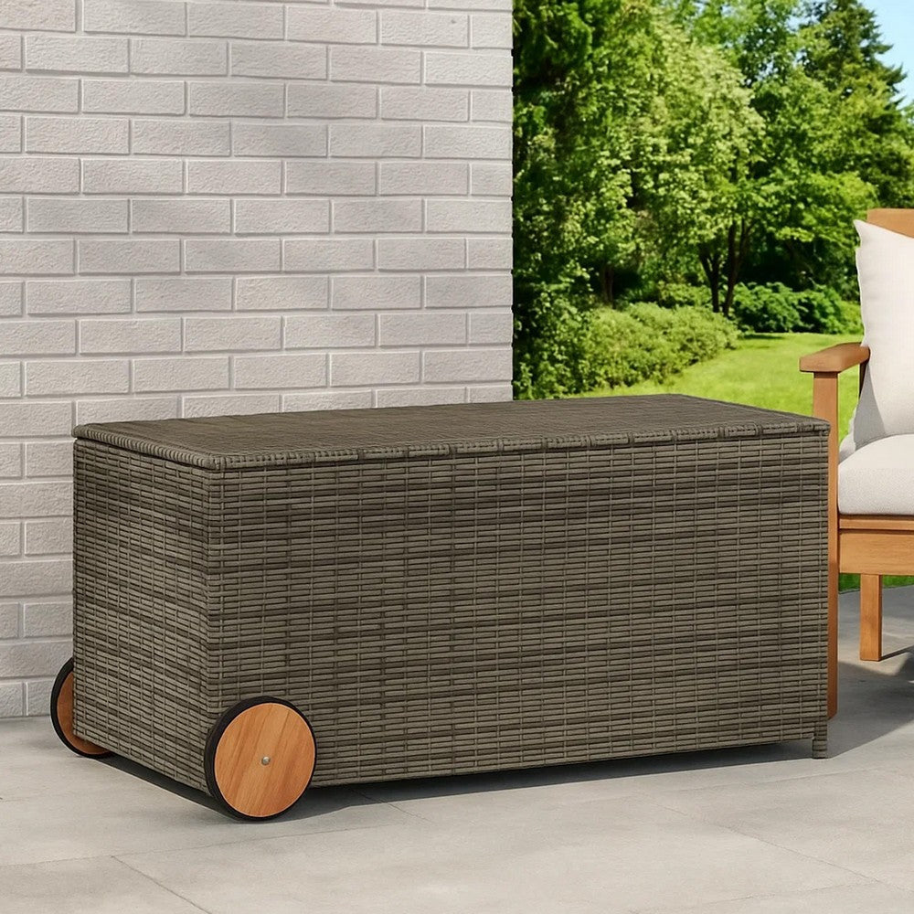 Saki Outdoor Storage Box | Rectangular Gray Poly Rattan | Wood Wheels