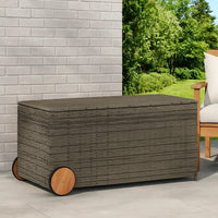 Saki Outdoor Storage Box | Rectangular Gray Poly Rattan | Wood Wheels