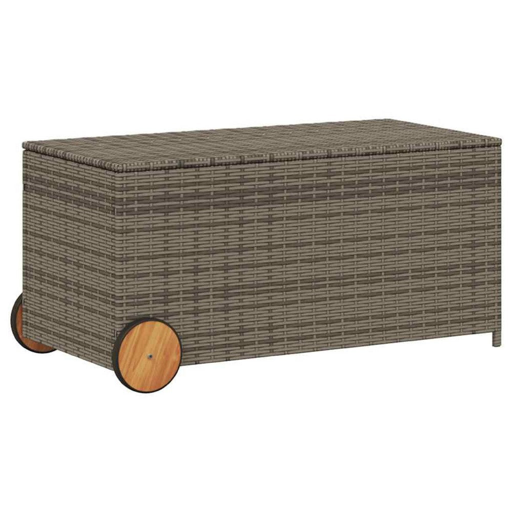 Saki Outdoor Storage Box | Rectangular Gray Poly Rattan | Wood Wheels