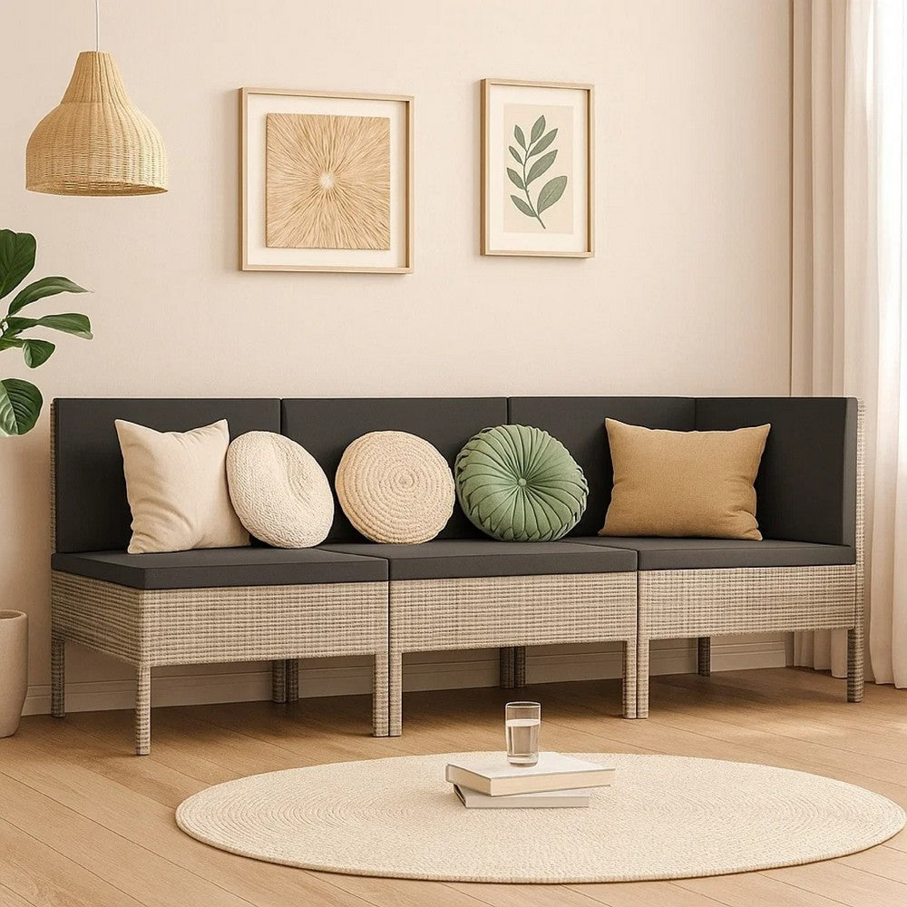 Penny 3pc Outdoor Corner Sofa Set | 2 Middle Seats | Gray Faux Rattan