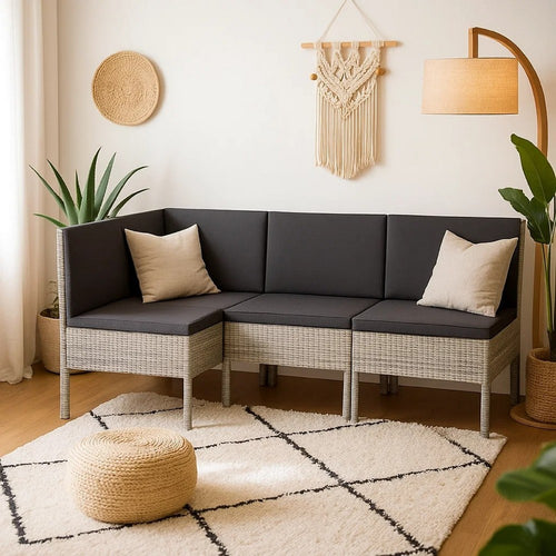 Penny 3pc Outdoor Corner Sofa Set | 2 Middle Seats | Gray Faux Rattan