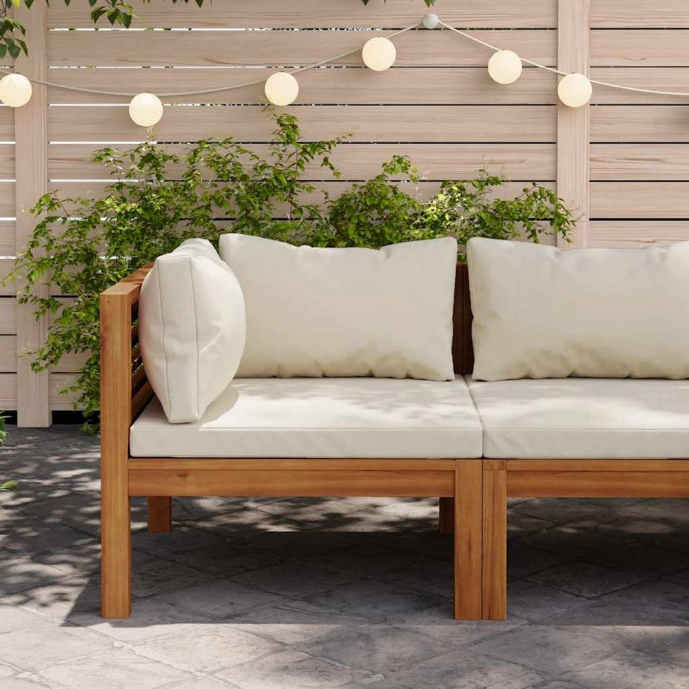 Linzy Outdoor Corner Sofa | Cream Polyester | Brown Acacia Wood | 27"