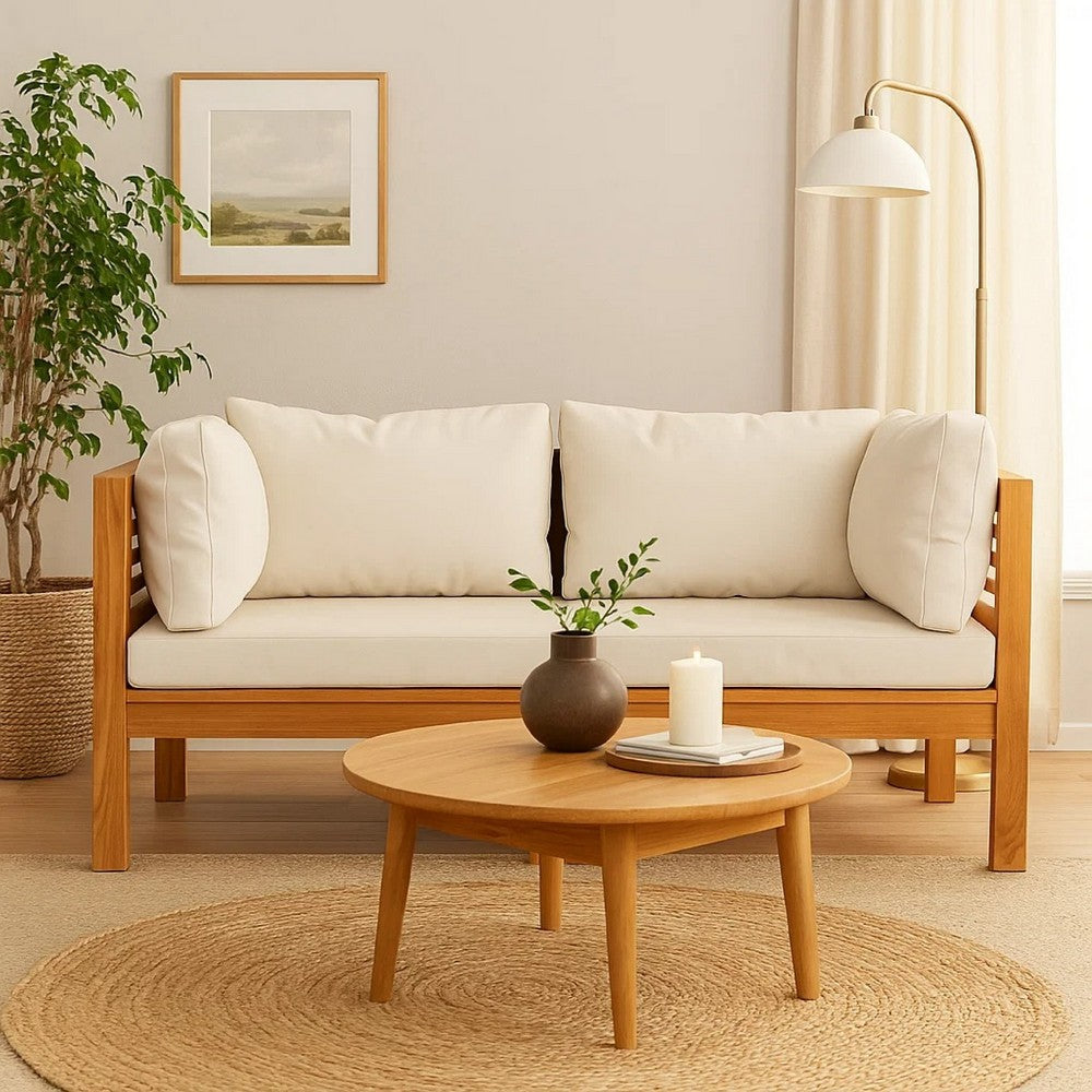 Linzy Outdoor Corner Sofa | Cream Polyester | Brown Acacia Wood | 27"
