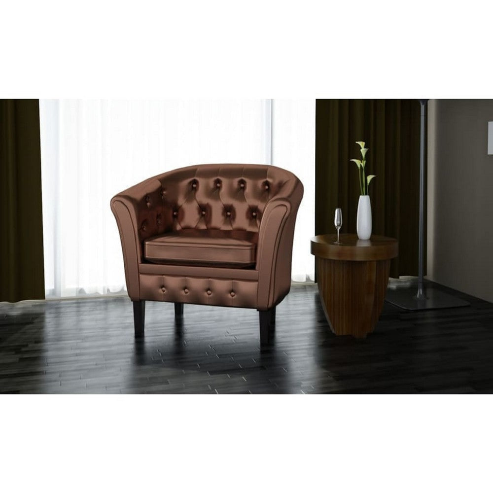 Deina Armchair | Tufted Shiny Brown Faux Leather | Black Wood Legs