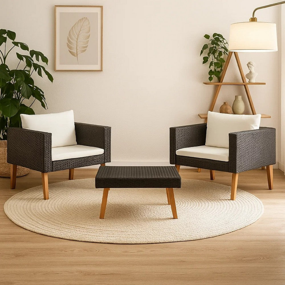 Keina Garden Furniture Set | 2 Chairs & Table | Black Poly Rattan | Cream