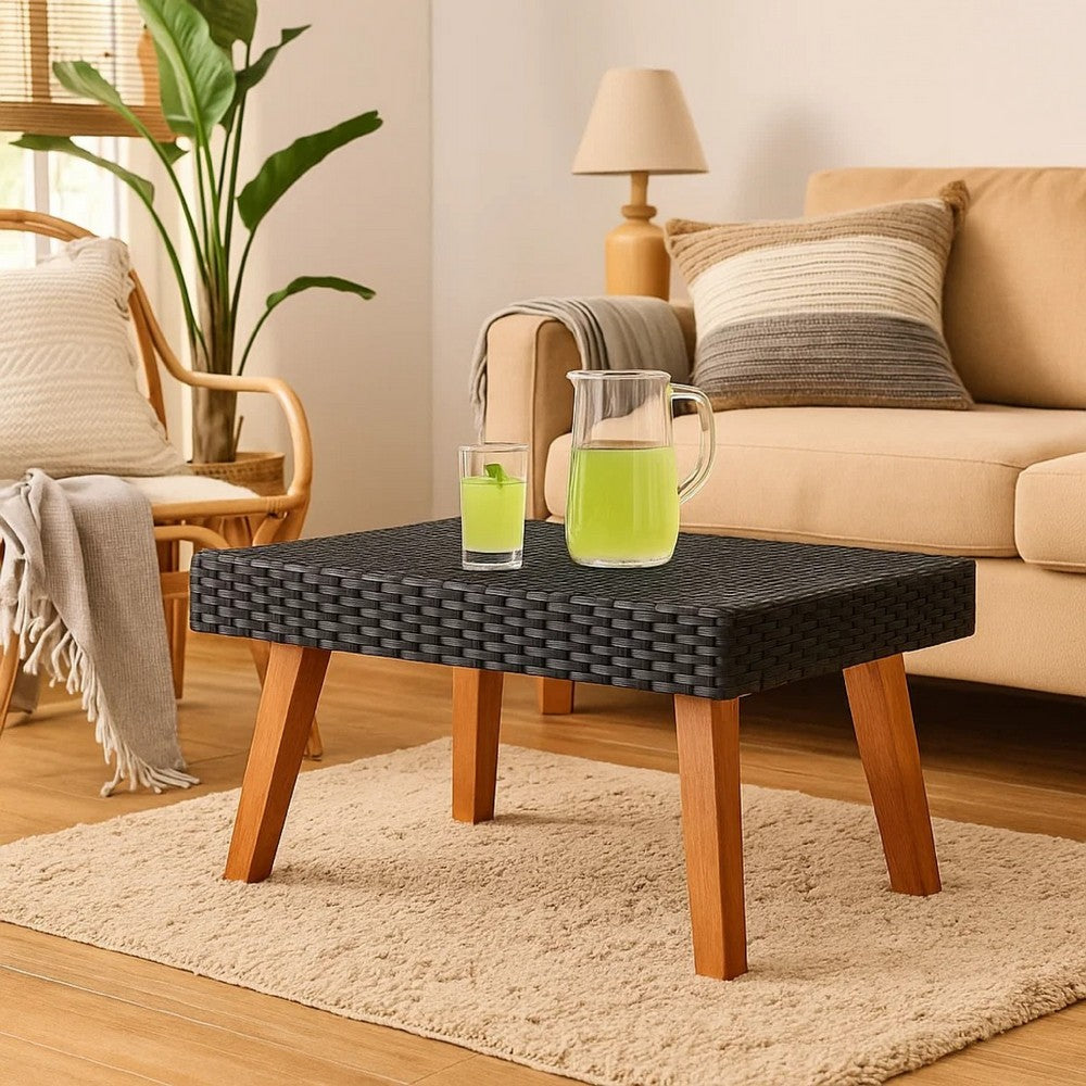 Keina Outdoor Coffee Table | Black Faux Rattan | Brown Wood | Square 28"