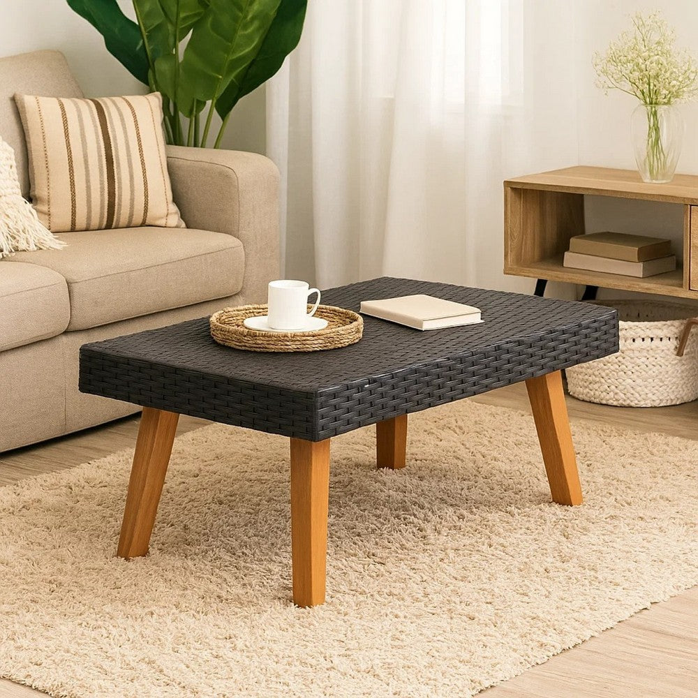 Keina Outdoor Coffee Table | Black Faux Rattan | Brown Wood | Square 28"