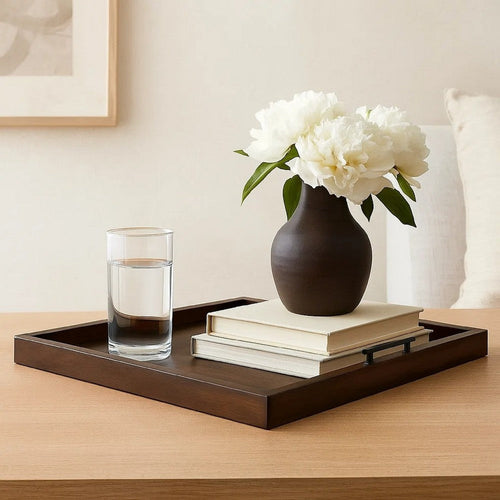 Yela Decorative Tray | 27x27 Square w Black Handles | Dark Brown