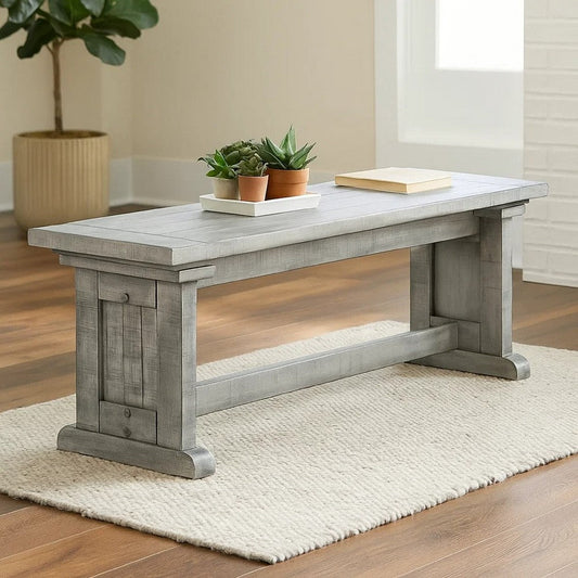 Bench | 48" Wide Plank Style Seat | Farmhouse Gray Pedestal Base