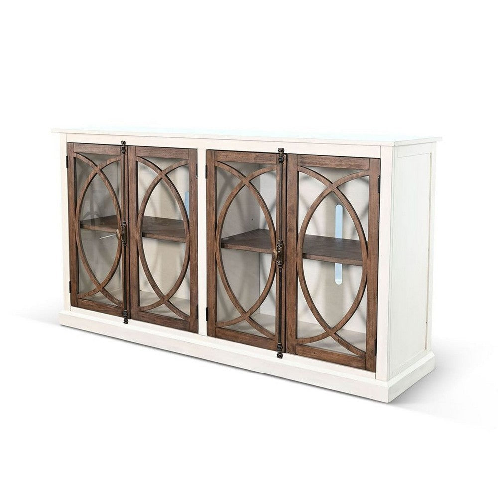 Camie 78’’ TV Media Console w Glass Door Cabinets | White Mahogany Wood BM339806