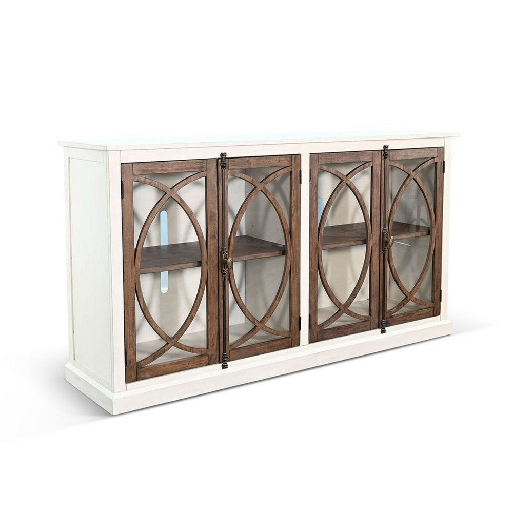 Camie 78" TV Media Console w Glass Door Cabinets | White Mahogany Wood