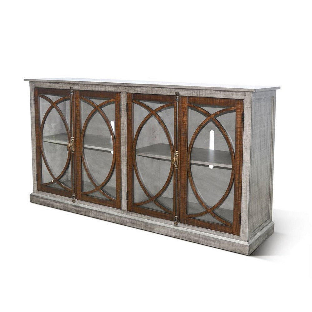 Camie TV Media Console | 78’’ w Glass Door Cabinets| Gray Mahogany Wood BM339807