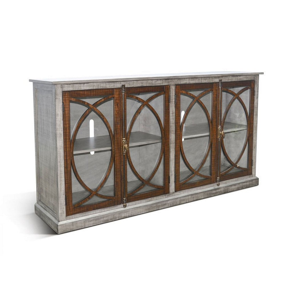 Camie TV Media Console | 78" w Glass Door Cabinets| Gray Mahogany Wood