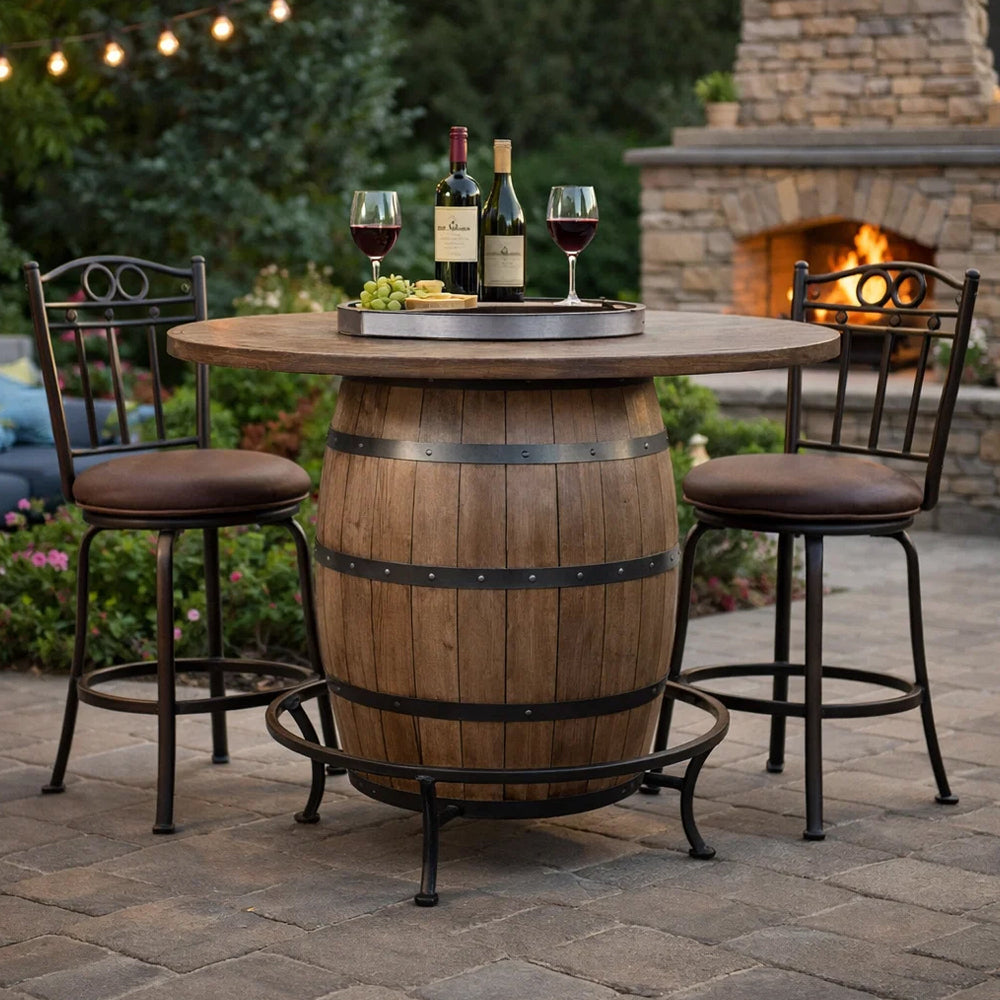 Yael Counter Height Pub Bar Table | Wine Barrel Base | Lazy Susan Top | Brown