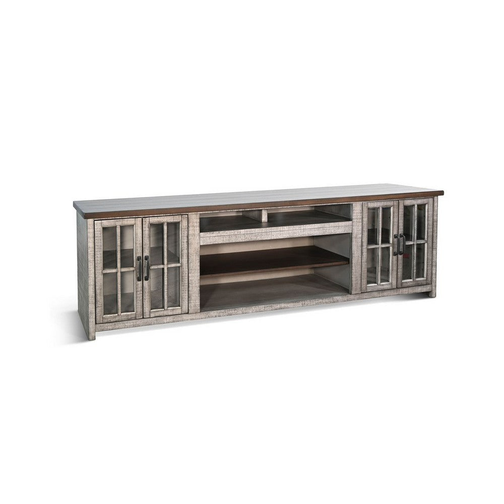 Zeka TV Media Console | 98" w 2 Glass Cabinets | Gray Mahogany Wood