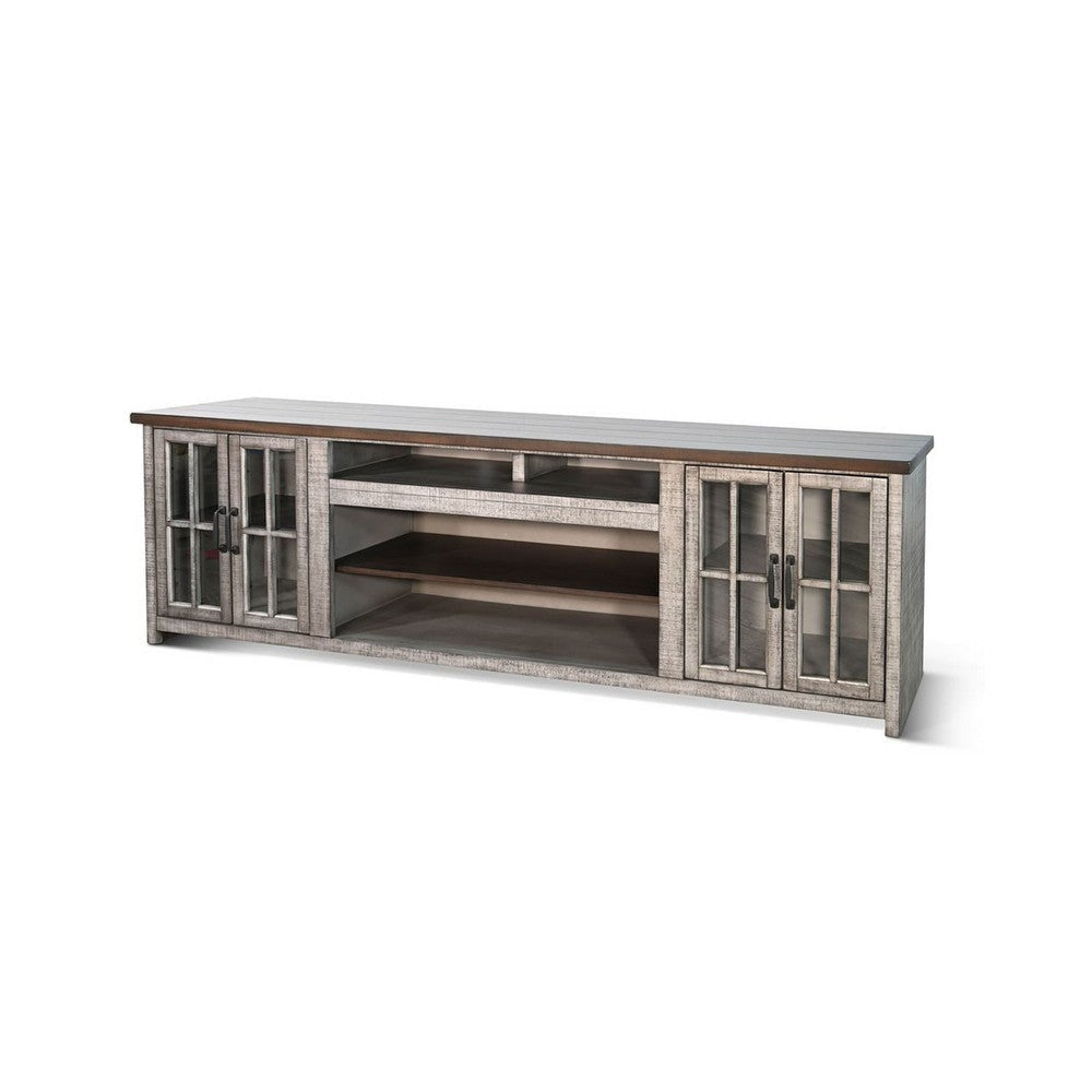Zeka TV Media Console | 98’’ w 2 Glass Cabinets | Gray Mahogany Wood