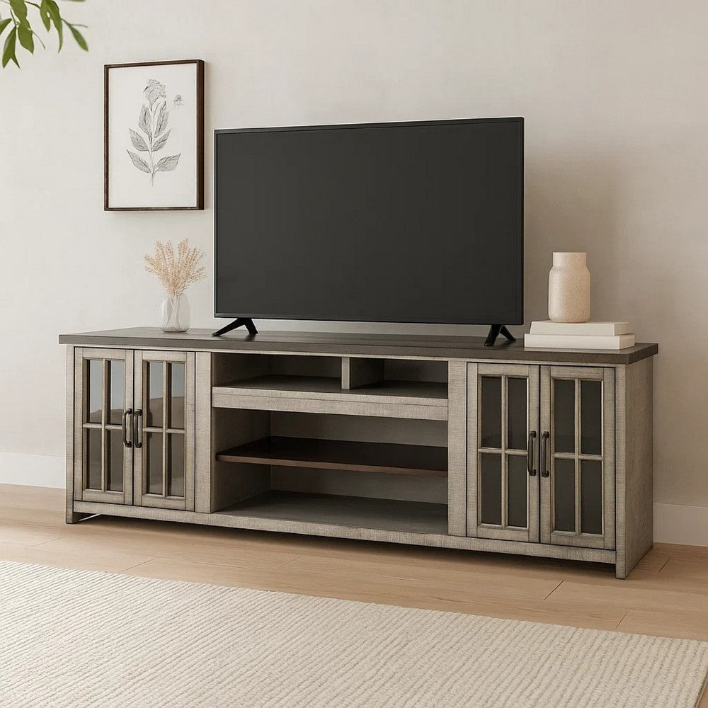 Zeka TV Media Console | 98" w 2 Glass Cabinets | Gray Mahogany Wood