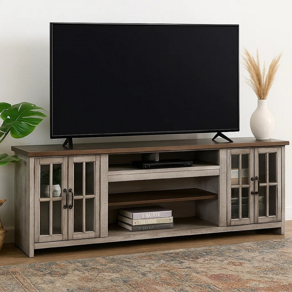 Zeka TV Media Console | 98" w 2 Glass Cabinets | Gray Mahogany Wood