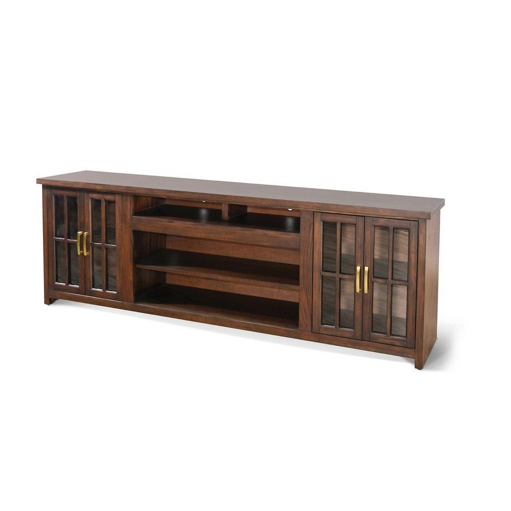 Zeka TV Media Console | 98’’ w 2 Glass Cabinets | Dark Brown Mahogany Wood