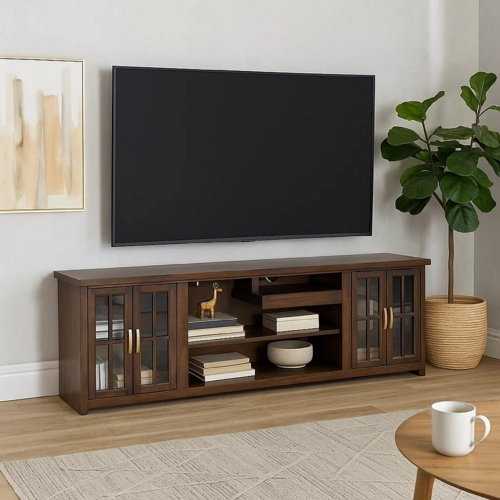 Zeka TV Media Console | 98" w 2 Glass Cabinets | Dark Brown Mahogany Wood