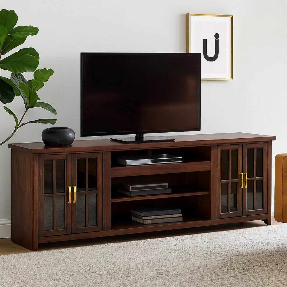 Zeka TV Media Console | 98" w 2 Glass Cabinets | Dark Brown Mahogany Wood