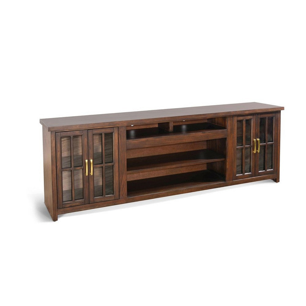 Zeka TV Media Console | 98" w 2 Glass Cabinets | Dark Brown Mahogany Wood