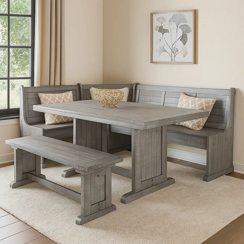 Zeka 4pc Breakfast Nook Dining w Storage Bench Set | Gray Mahogany Wood