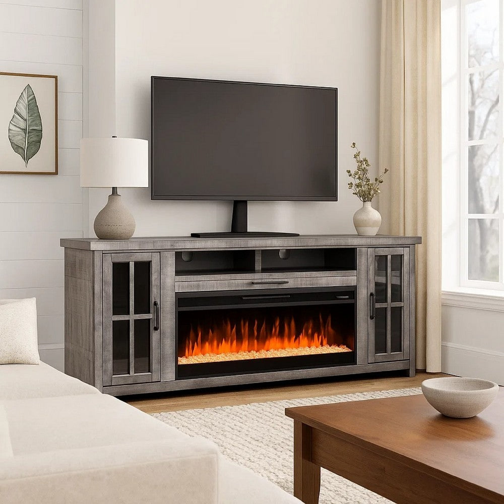Gery TV Media Console w Crystal Fireplace | 76" | 2 Cabinets | Gray
