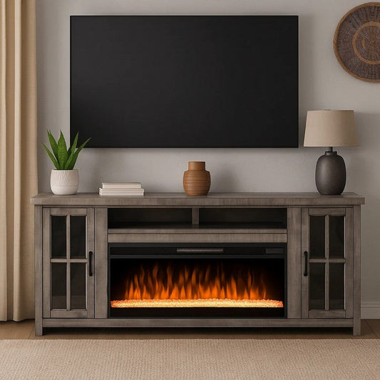 Gery TV Media Console w Crystal Fireplace | 76" | 2 Cabinets | Gray